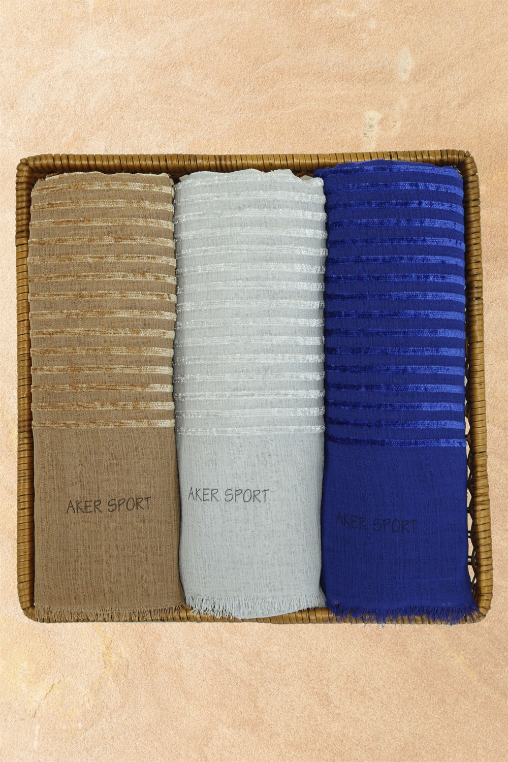 Aker Sport Kadife Şeritli Şal - 3'lü Set - Mavi, Gri, Vizon