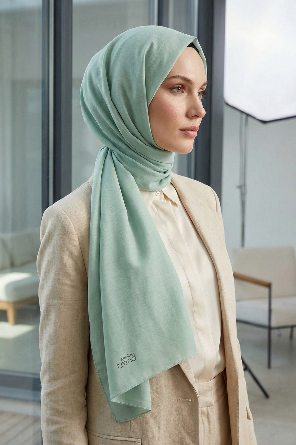 Armine Düz Renk, Pamuklu Seher Şal - 24020 - Su Yeşili
