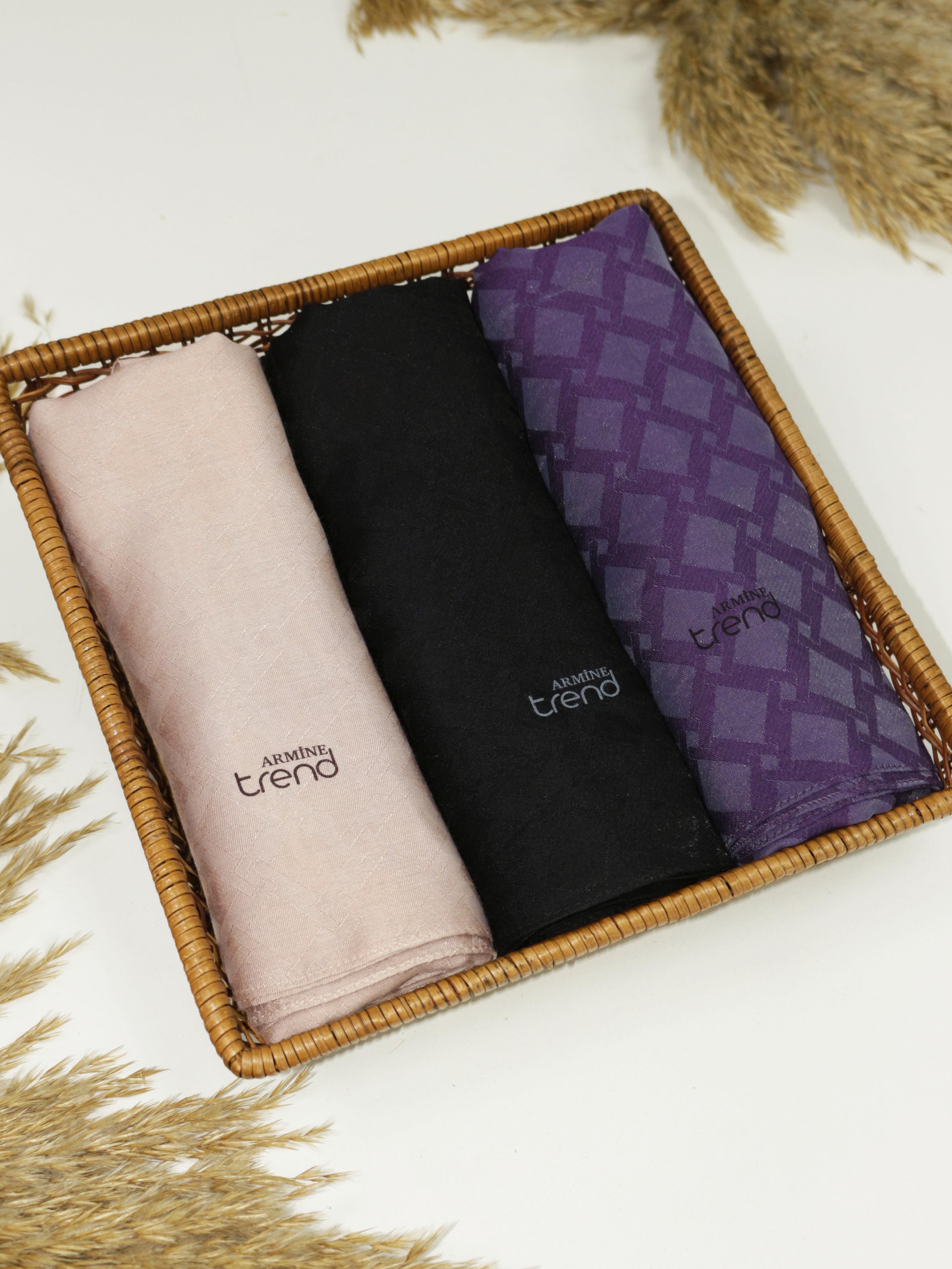 Armine Lia Pamuk Jakarlı Şal - Karo Desen - ATS1LIA - 3'lü Set -