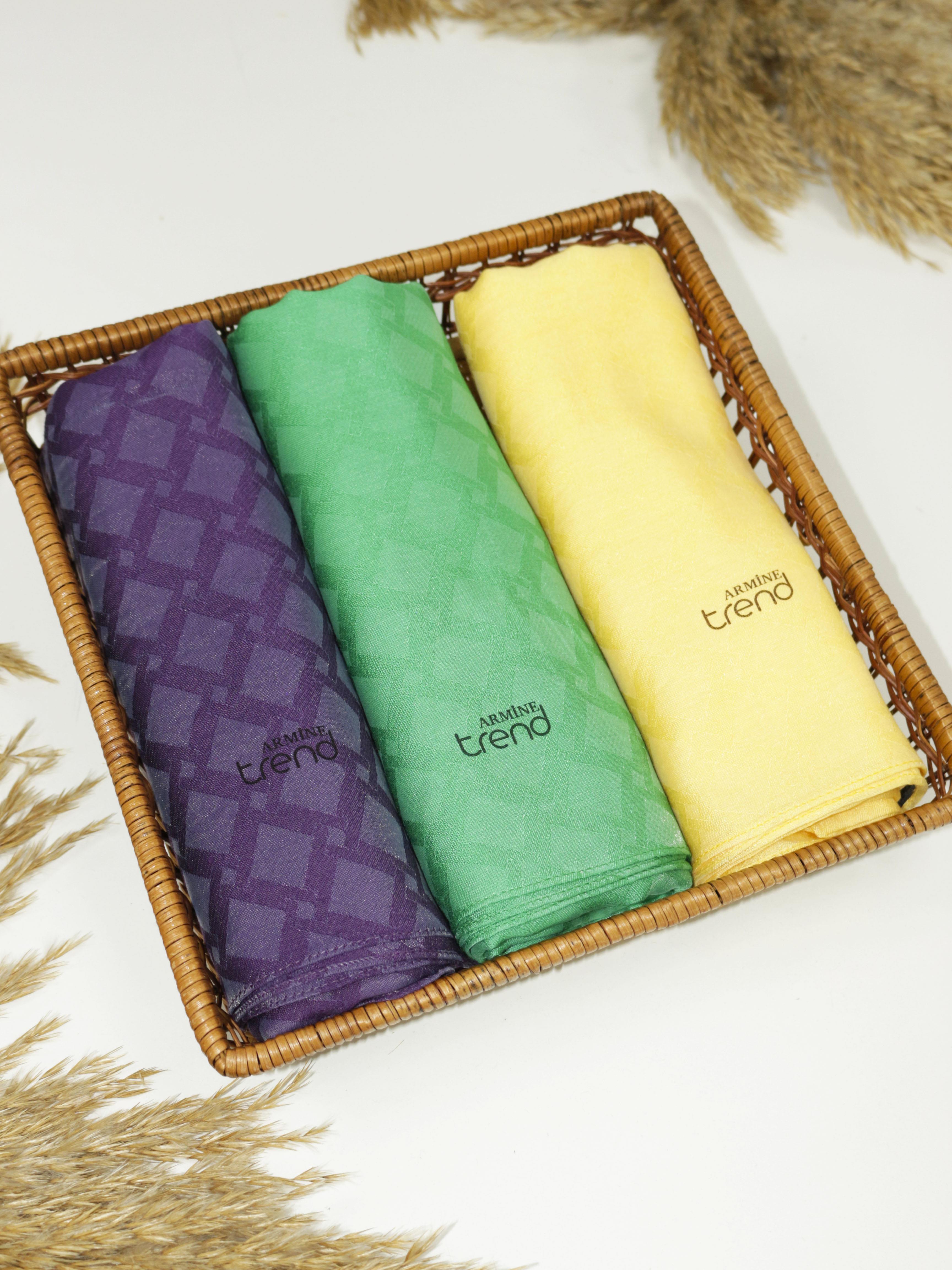 Armine Lia Pamuk Jakarlı Şal - Karo Desen - ATS1LIA - 3'lü Set -