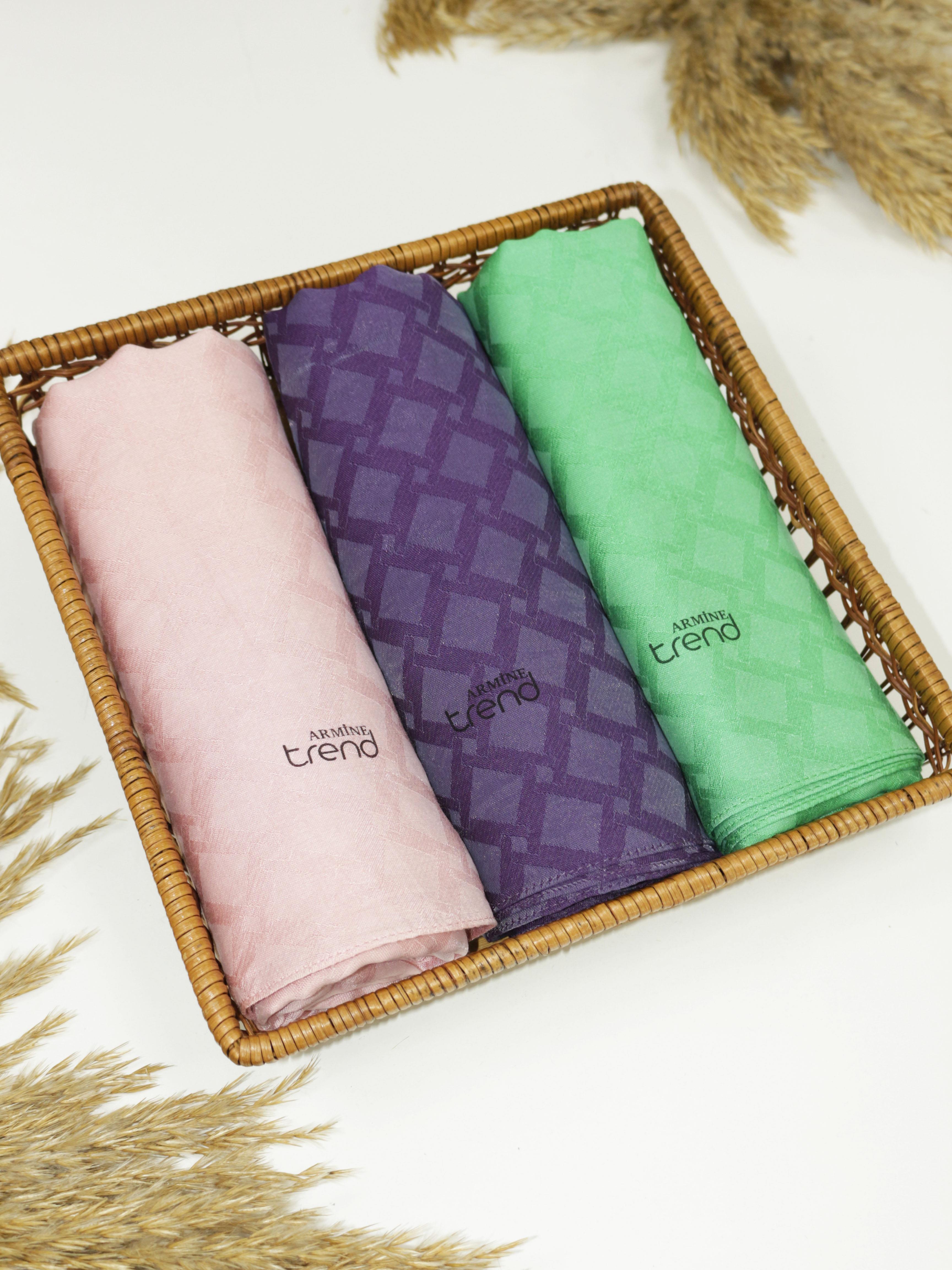 Armine Lia Pamuk Jakarlı Şal - Karo Desen - ATS1LIA - 3'lü Set -