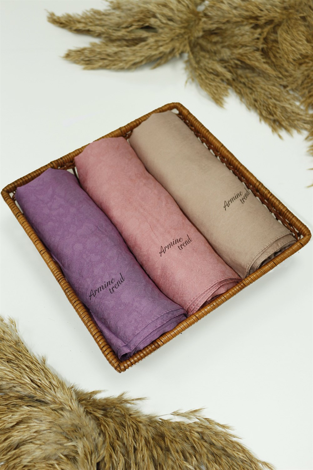 Armine Şal - Vega Bulut Desen - Modal Kumaş - 3'lü Set - Mor, Pembe, Kahve