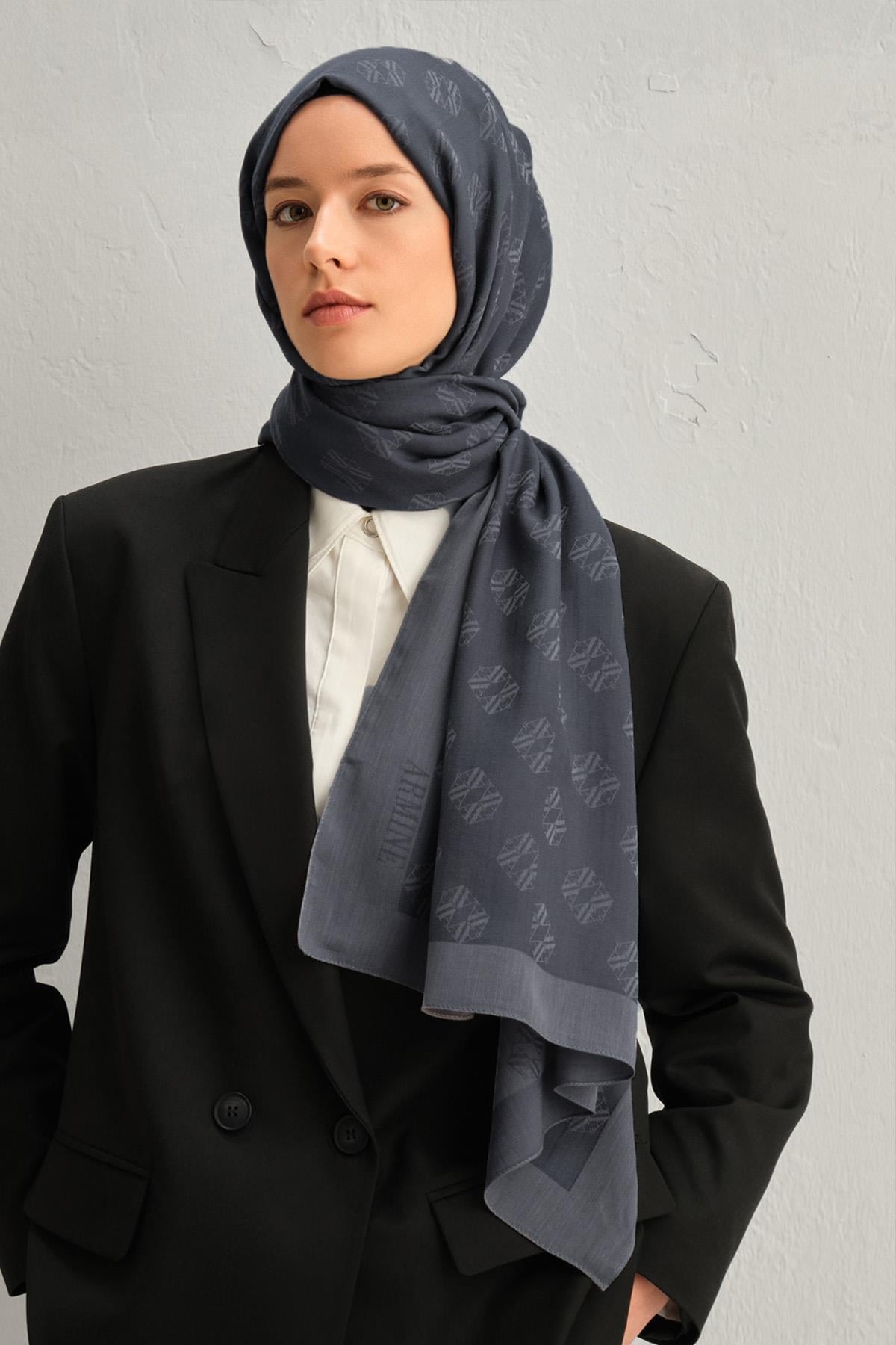 Armine Tensel İpek Şal 1 - Minimal Monogram Desen - 02 - Füme