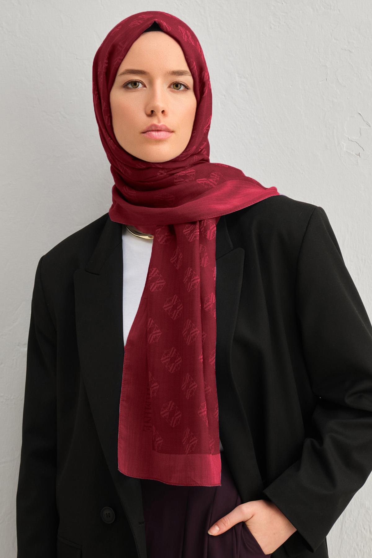 Armine Tensel İpek Şal 1 - Minimal Monogram Desen - 32109 - Kırmızı