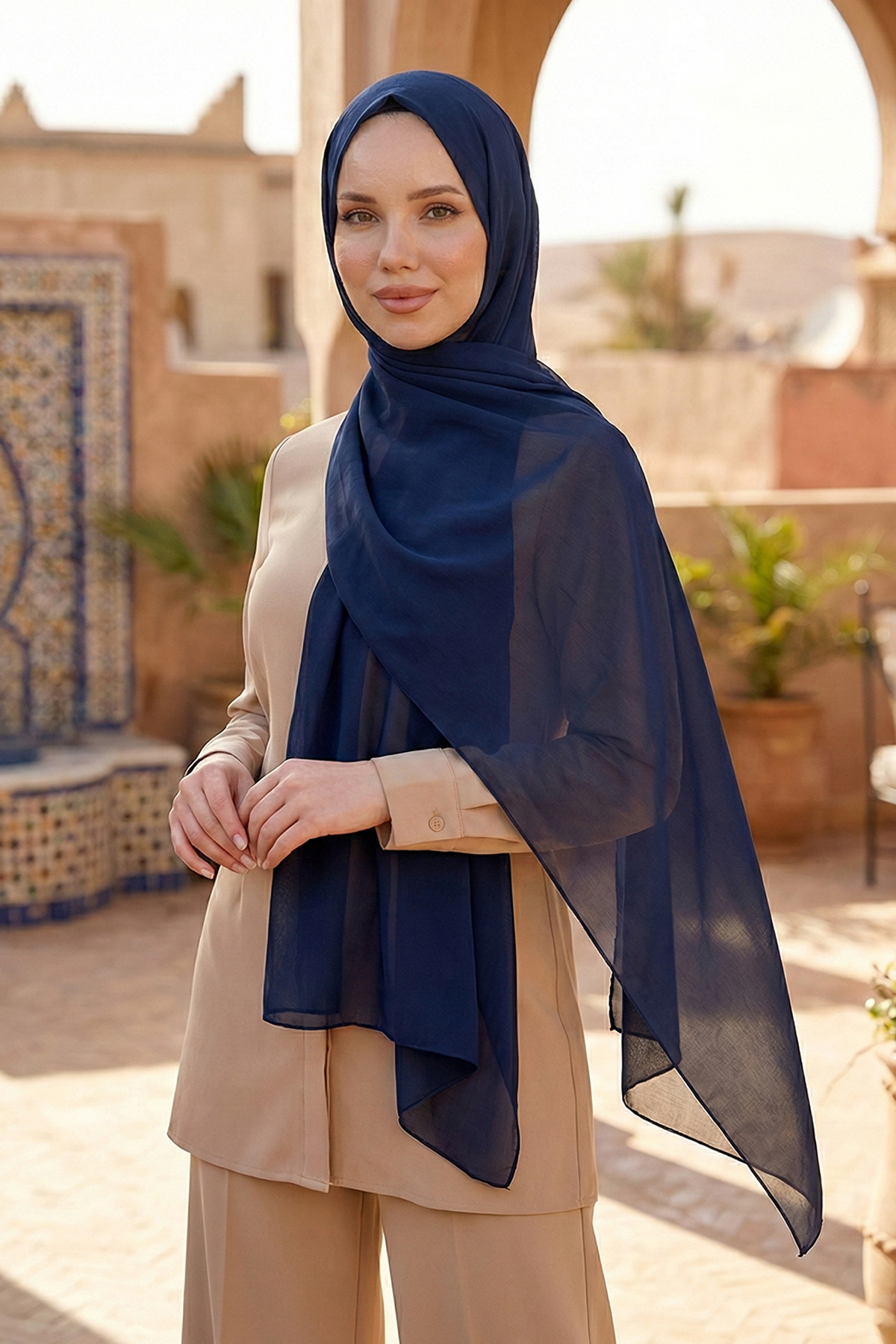 Armine Trend Krinkıl Şifon Şal - ATSKRN-06 - Lacivert