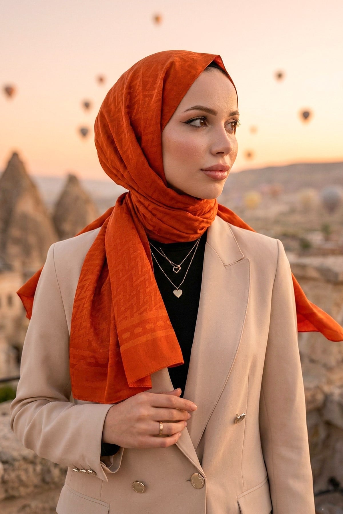 Armine Zikzak Desen, Pamuk Jakarlı Şal - DIA7-4820 - Turuncu