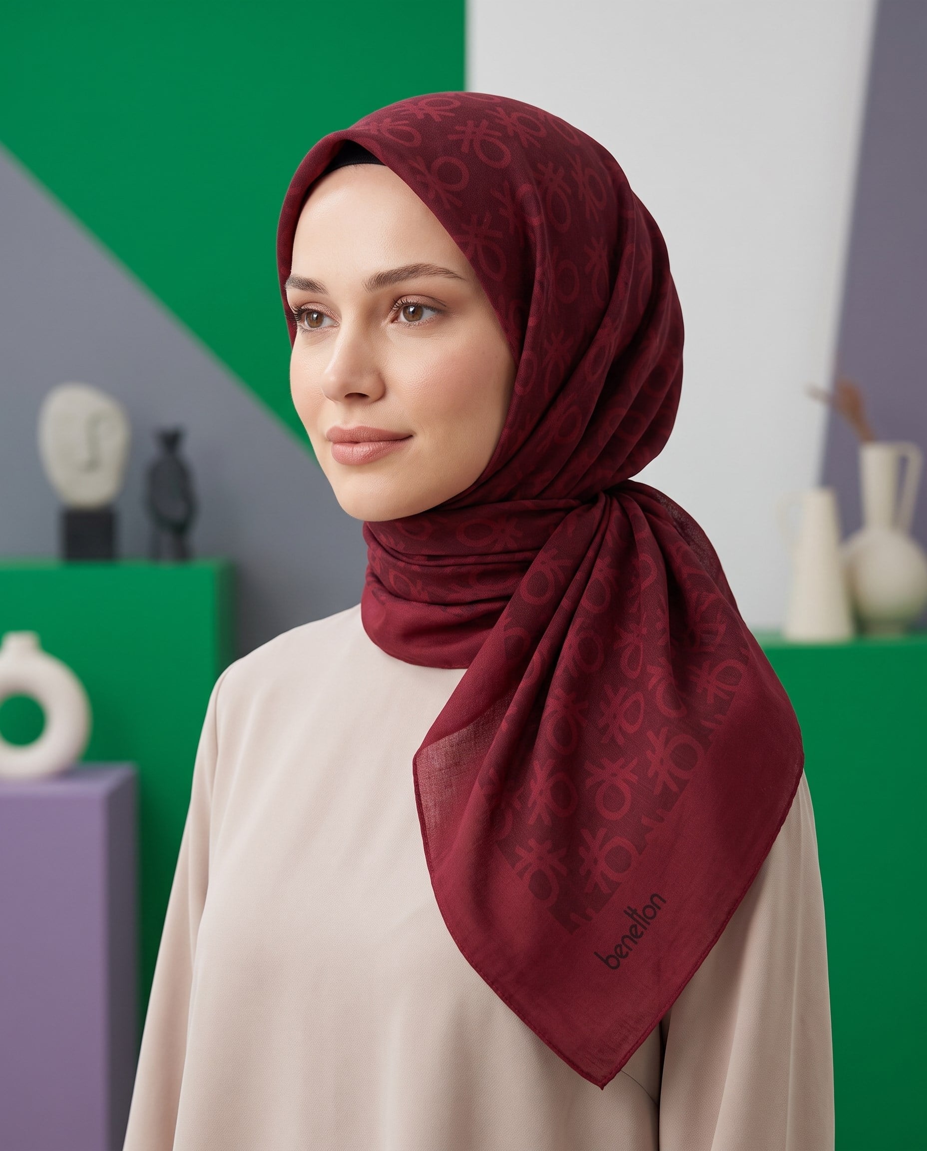 Benetton Monogram Eşarp - Elegante Uno - 1024-2205 - Açık Bordo