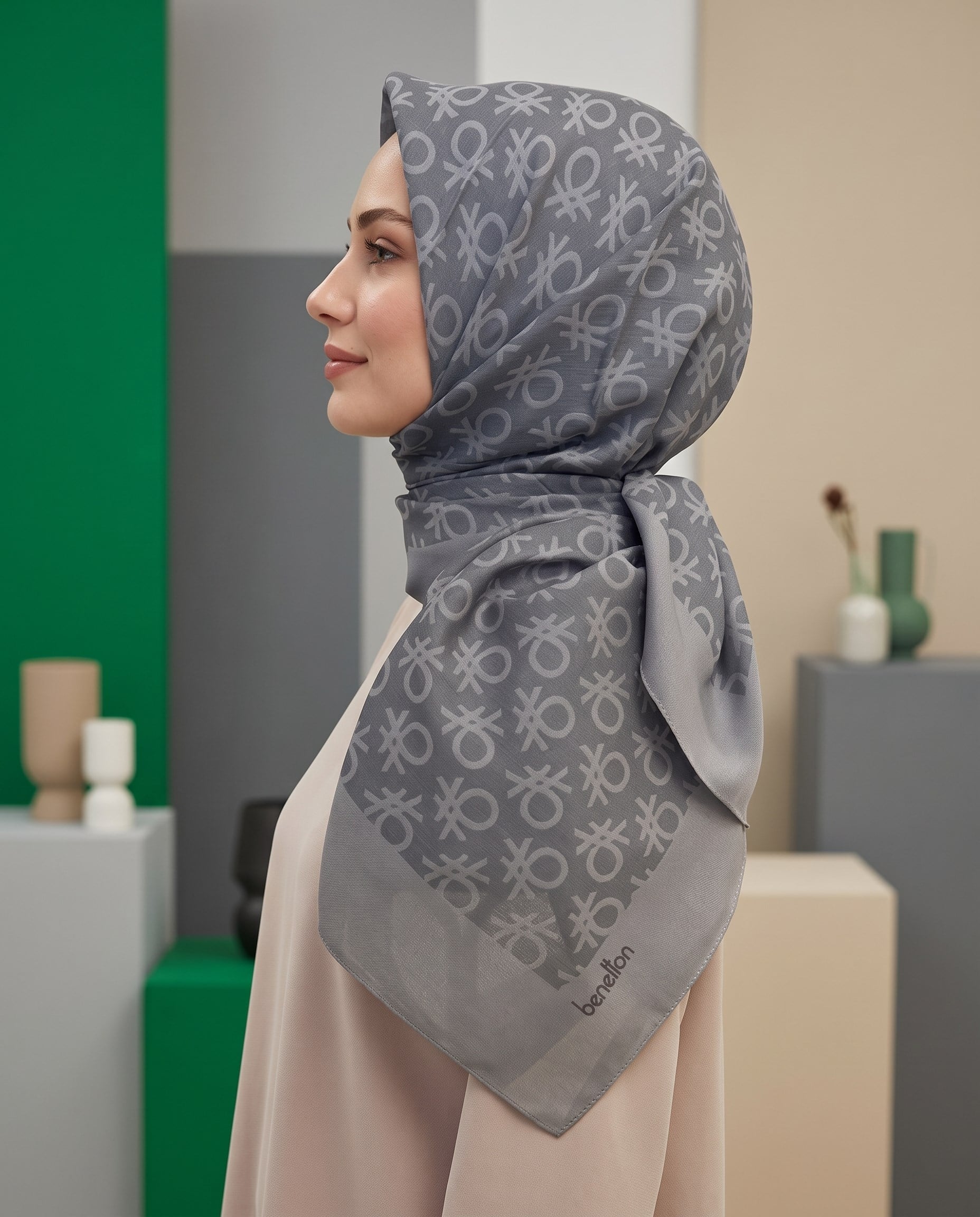 Benetton Monogram Eşarp - Elegante Uno - 1024-2208 - Gri
