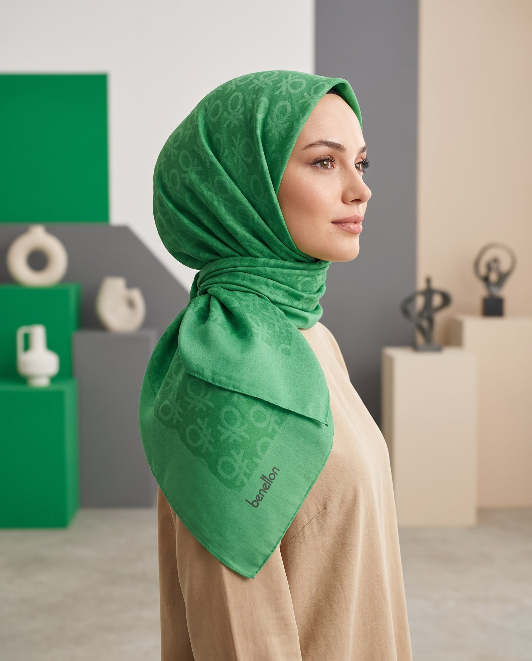 Benetton Monogram Eşarp - Elegante Uno - 1024-030 - Benetton Yeşili