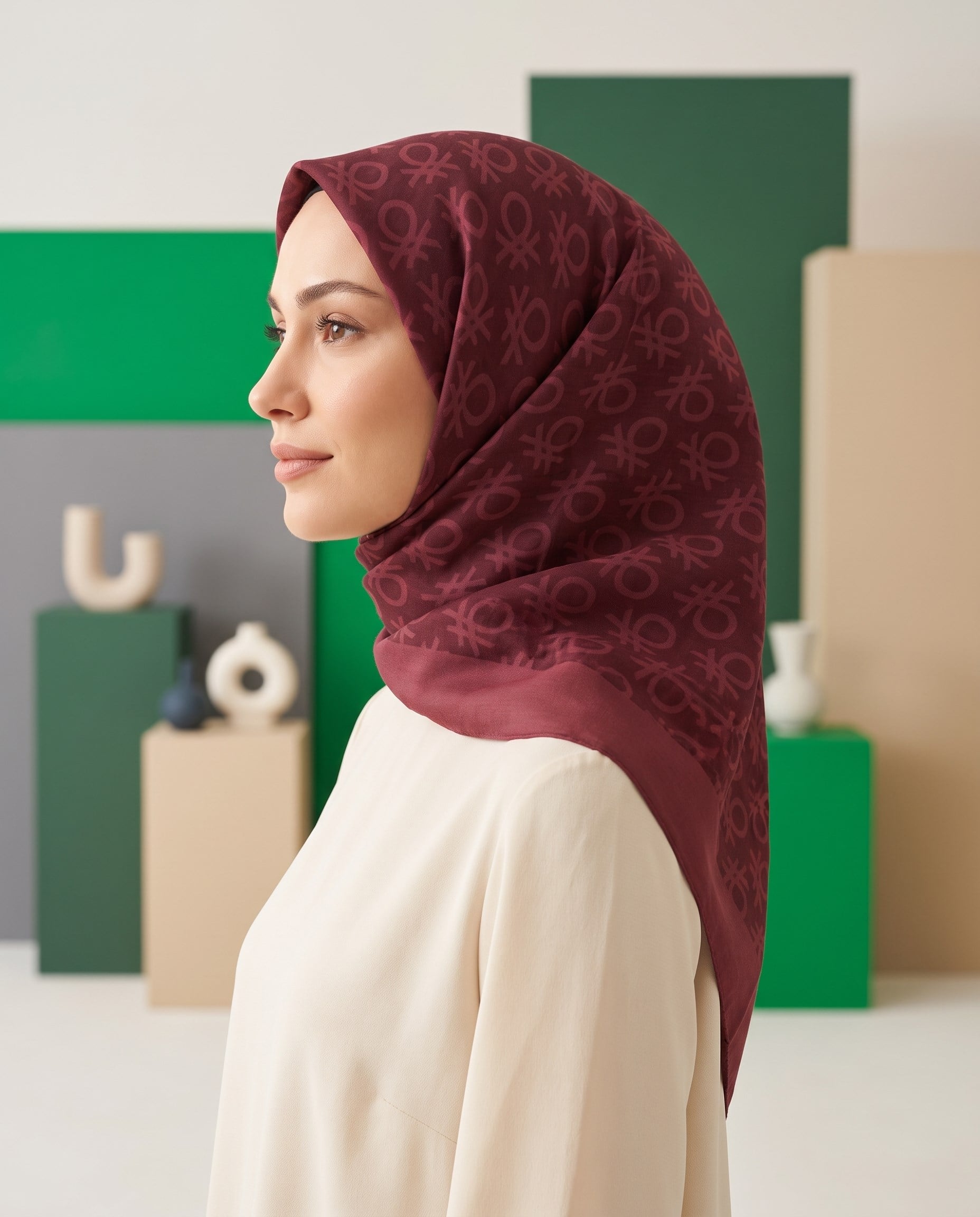Benetton Monogram Eşarp - Elegante Uno - 1024-3439 - Koyu Bordo