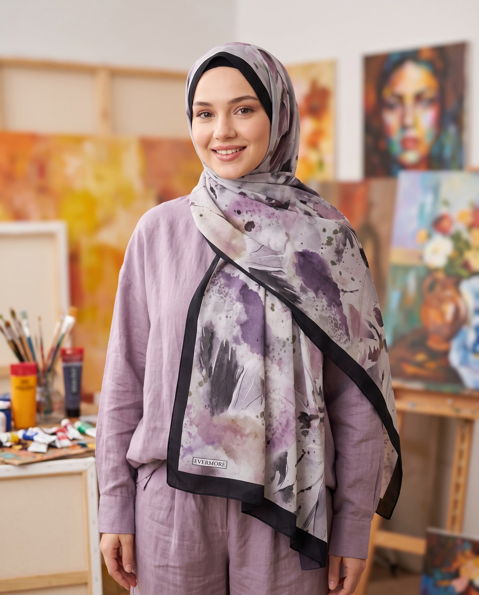 Evermore Fresh Şal - Ebru Desen - EM061-06 - Siyah, Mor