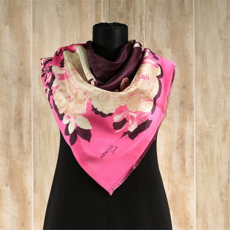 Armine Trend Dijital Baskılı Tafta Eşarp - Çiçek Kenarlı, Ortası Boş - 135 B14 - Pembe / Koyu Mor