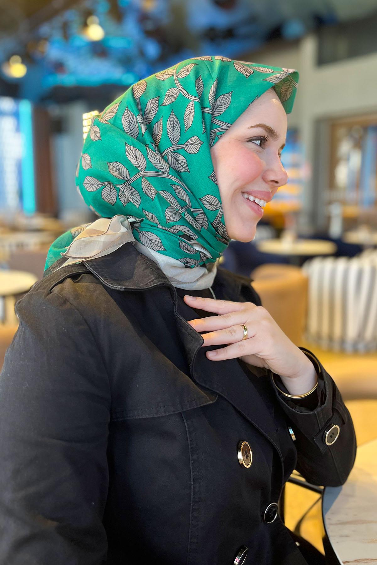 Sultan Fresh Pamuk Eşarp - SFE006-08 - Yaprak Desen - Yeşil, Krem 