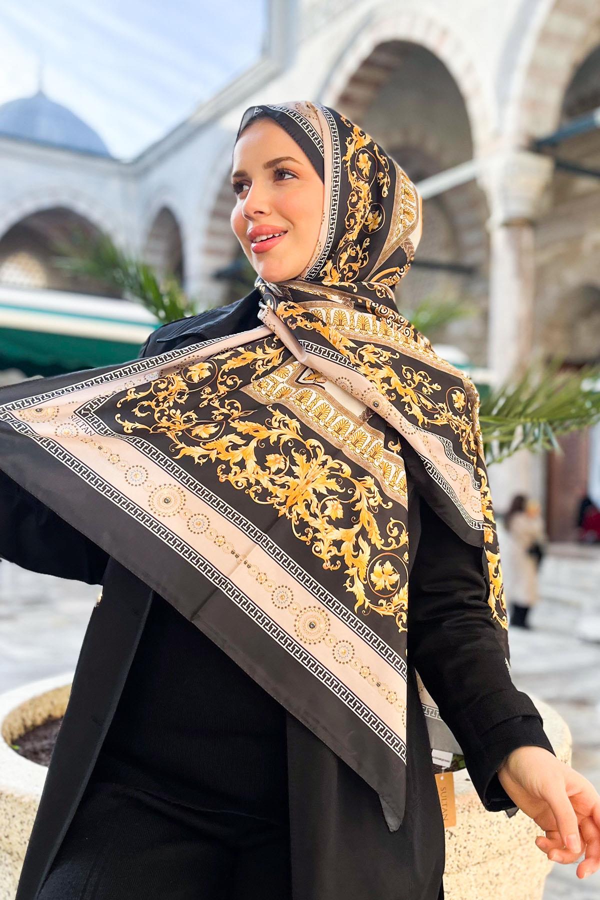 Sultan İpeksi Şal - SLT2853-16 - İthal Desen - Siyah, Vizon