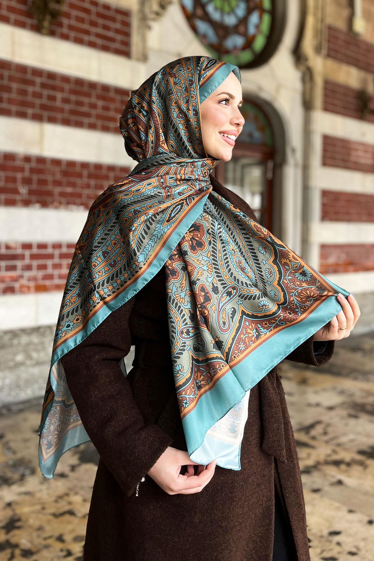 Sultan İpeksi Şal - SLT2892-26 - Şal Desen - Yeşil, Turuncu