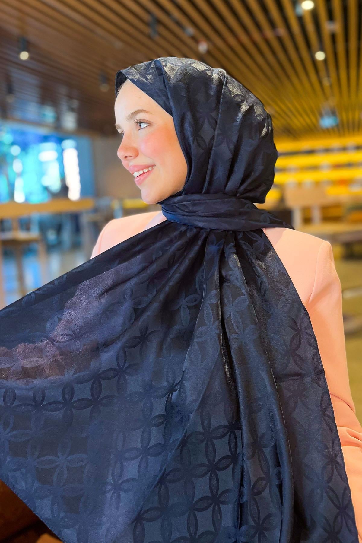 Sultan Jakarlı Şal - Çiçek Desen - SLJ001-02 - Lacivert