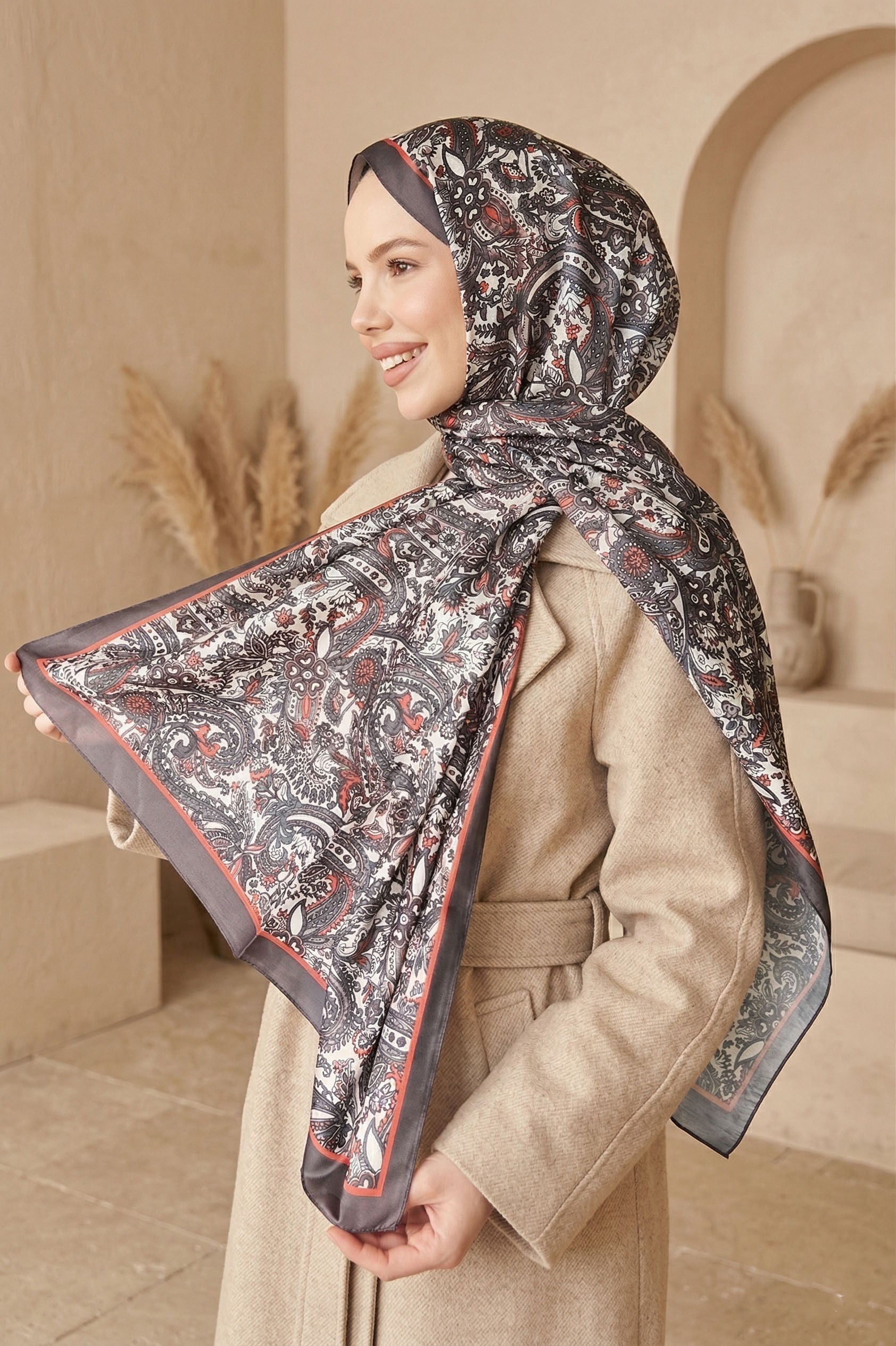 Sultan Soft Pamuk Şal - Etnik Desen - SLT1026-06 - Vizon, Kiremit