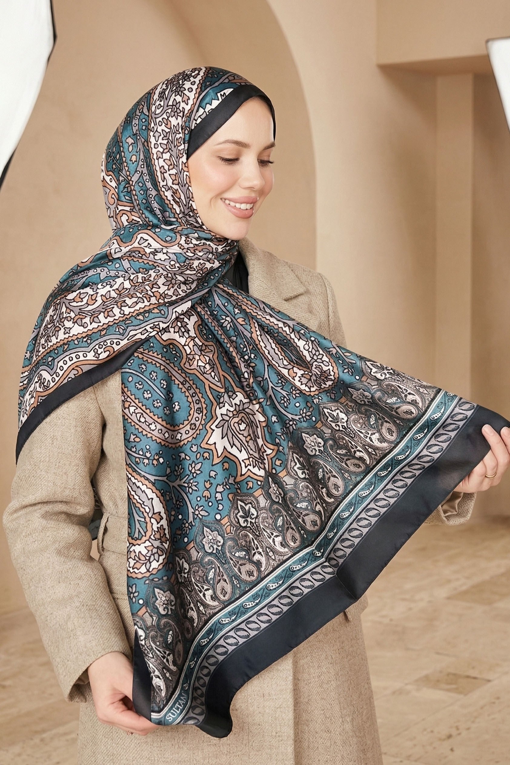 Sultan Soft Pamuk Şal - Otantik Desen - SLT2890-03 - Mavi, Turuncu, Siyah