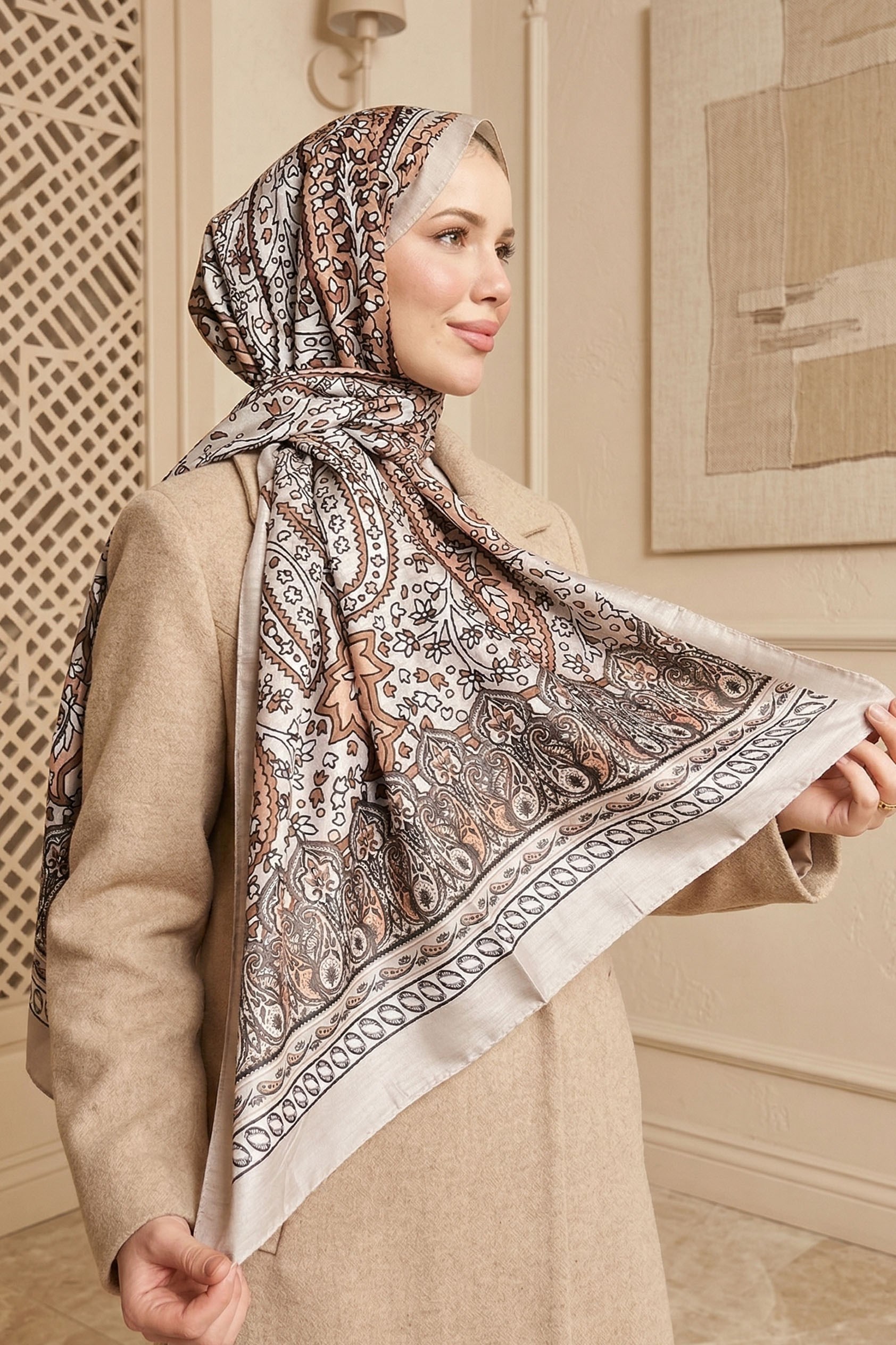 Sultan Soft Pamuk Şal - Otantik Desen - SLT2890-07 - Kahve, Bej