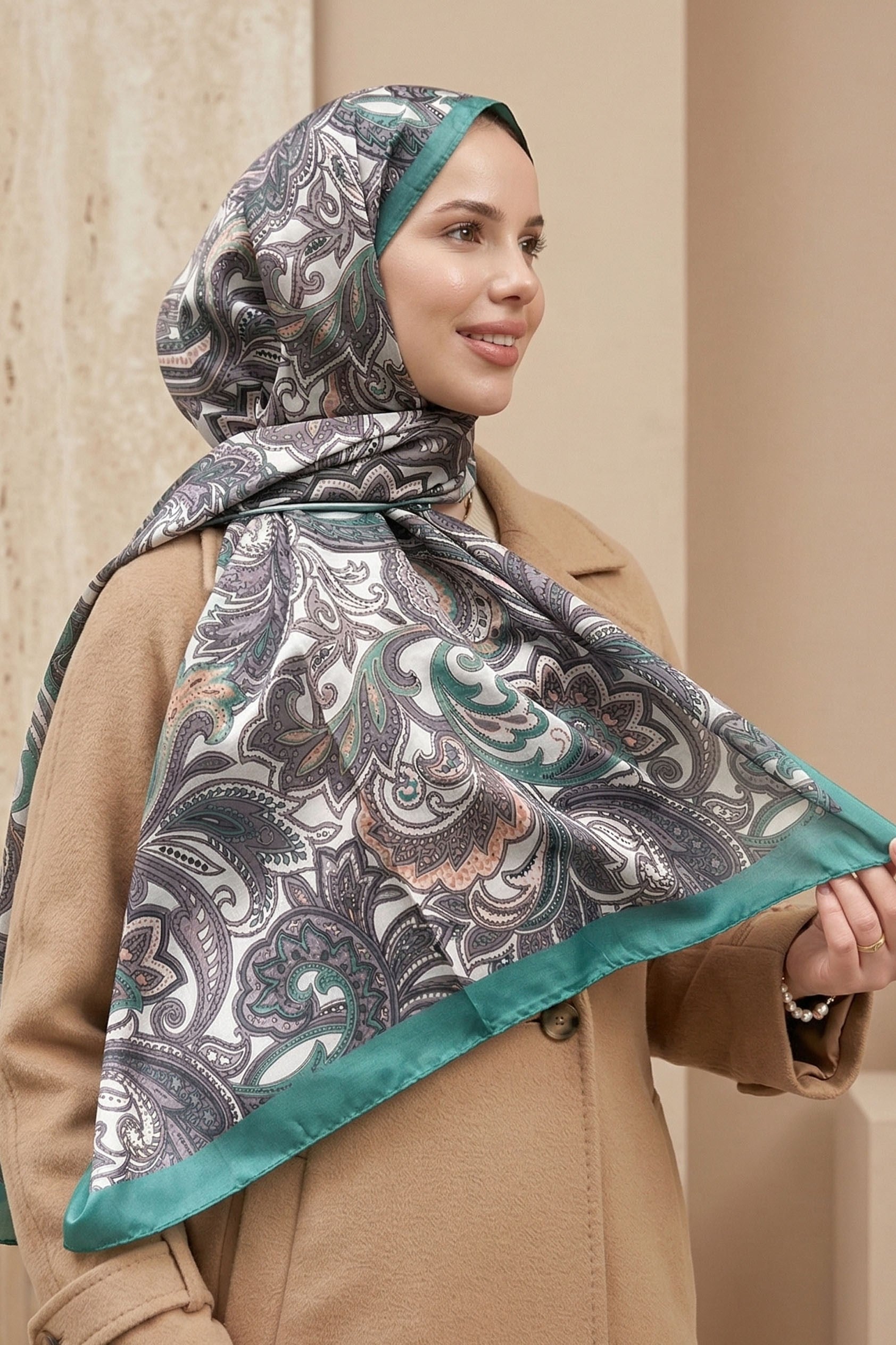 Sultan Soft Pamuk Şal - Retro Desen - SLT3078-19 - Taş, Yeşil, Gri