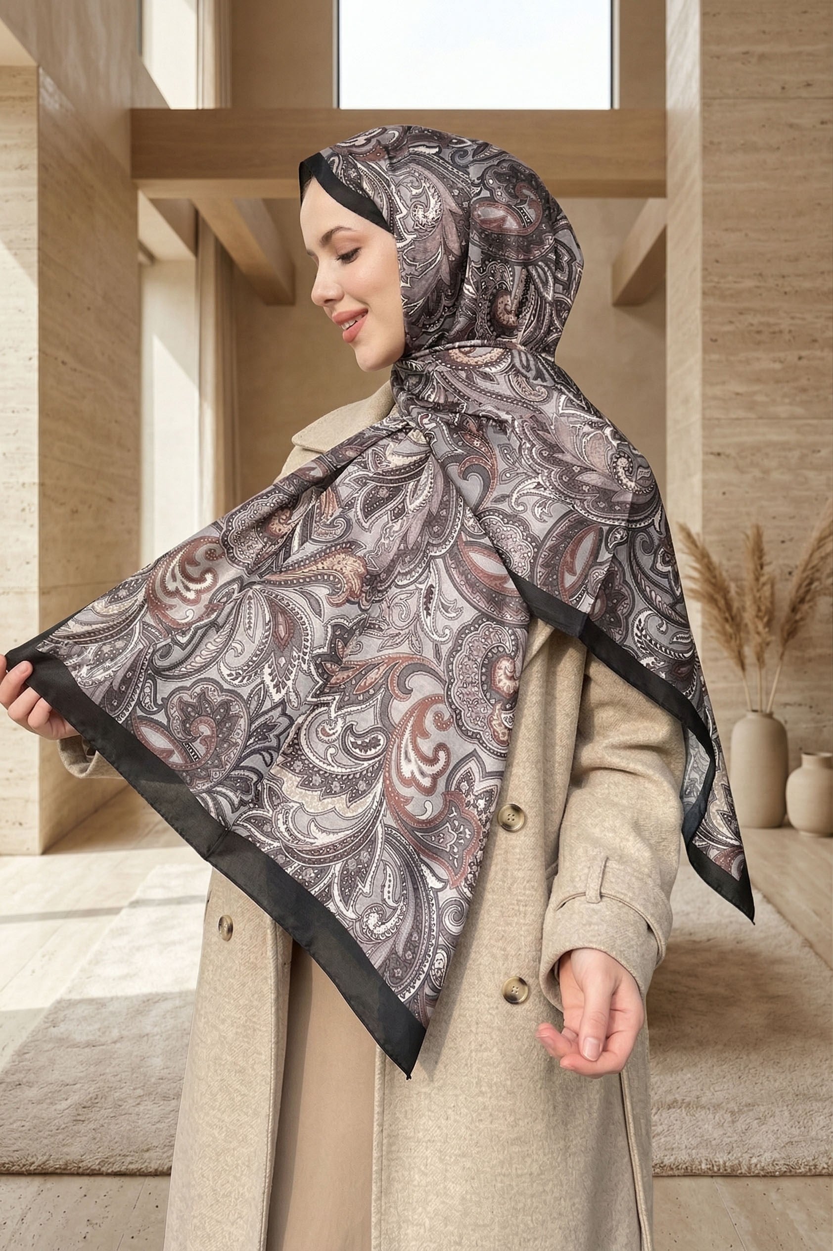 Sultan Soft Pamuk Şal - Retro Desen - SLT3078-12 - Siyah, Gri