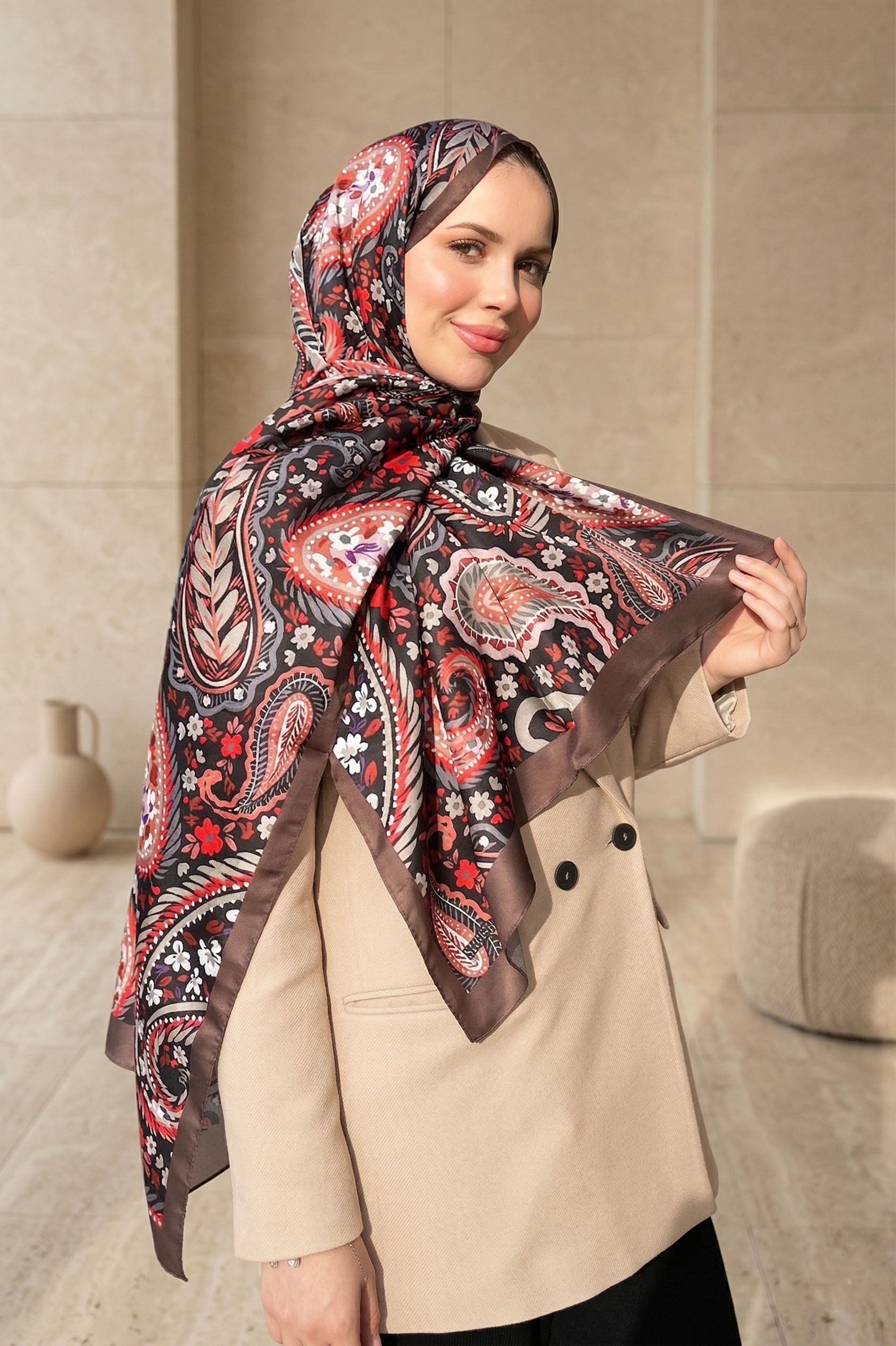 Sultan Soft Pamuk Şal - Şal Desen - SLT3079-05 - Yeşil, Siyah, Kırmızı