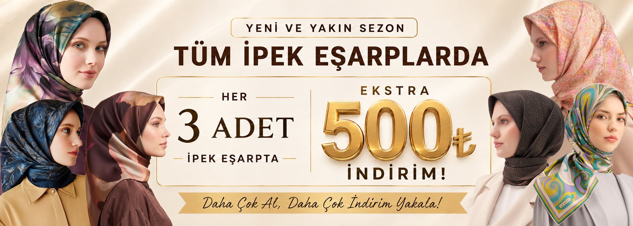 Her 3 Adet İpek Eşarpta 500 TL İndirim