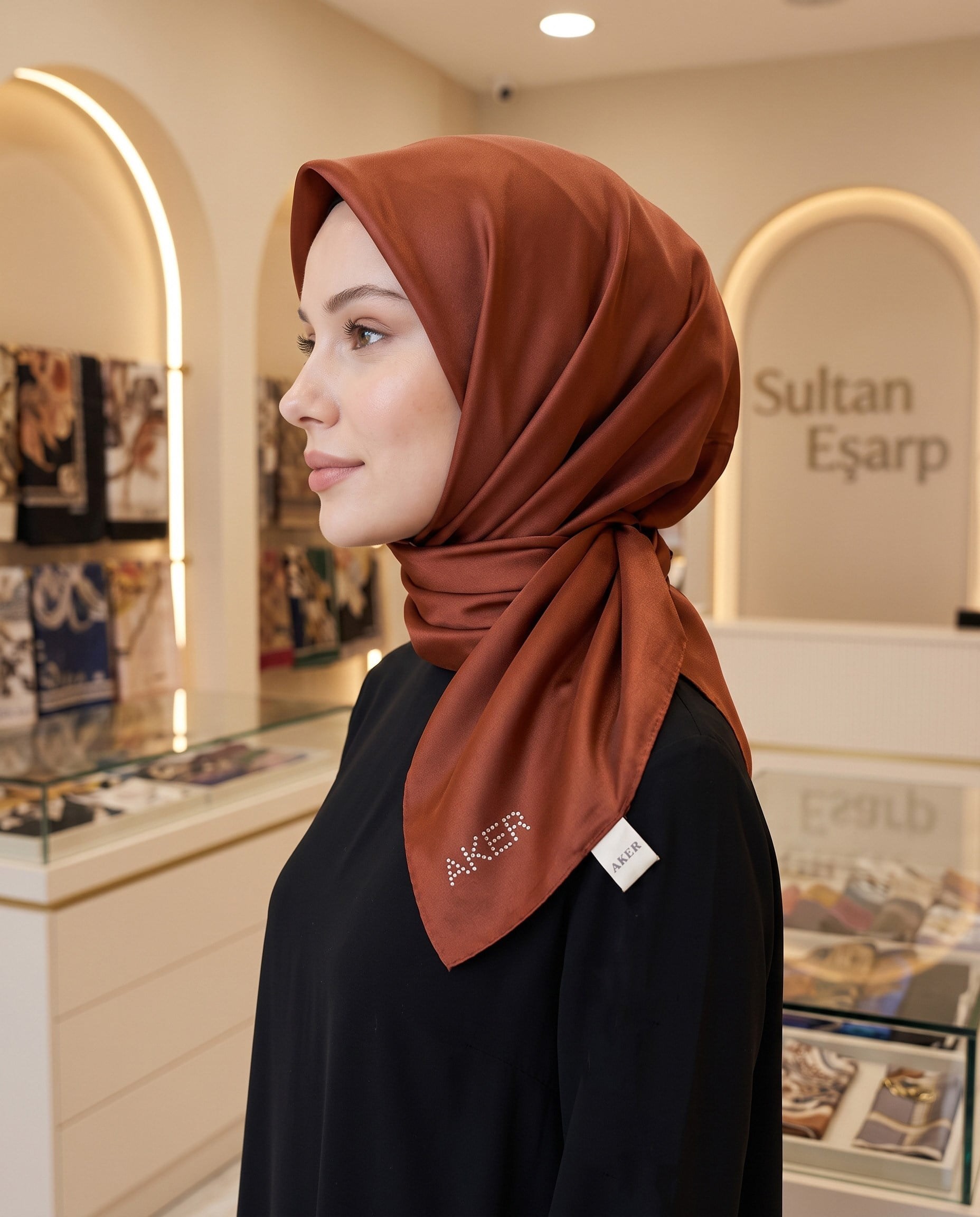 Aker Kristal Eşarp - Düz Renk - Taş İşleme Logolu - 941 - Kiremit