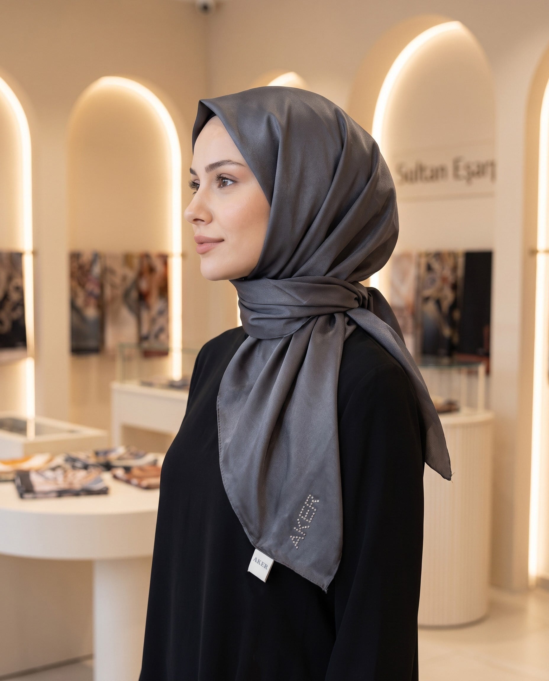 Aker Kristal Eşarp - Düz Renk - Taş İşleme Logolu - 972 - Füme