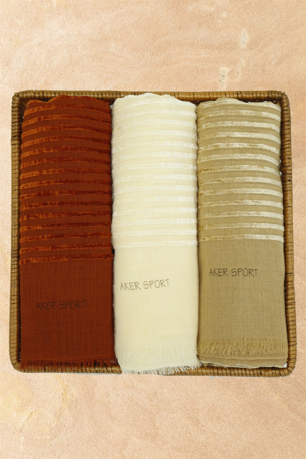 Aker Sport Kadife Şeritli Şal - 3'lü Set - Krem, Gold, Kiremit