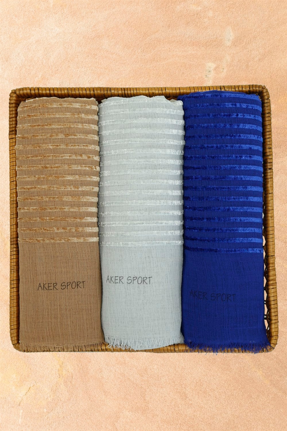 Aker Sport Kadife Şeritli Şal - 3'lü Set - Mavi, Gri, Vizon