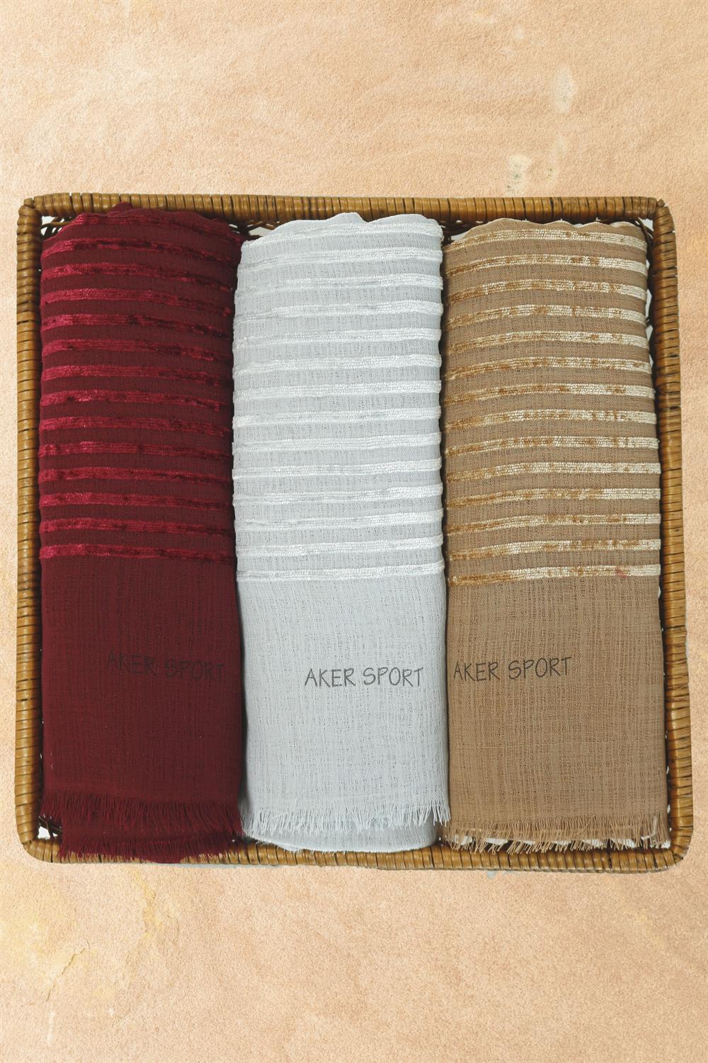 Aker Sport Kadife Şeritli Şal - 3'lü Set - Bordo, Gri, Vizon