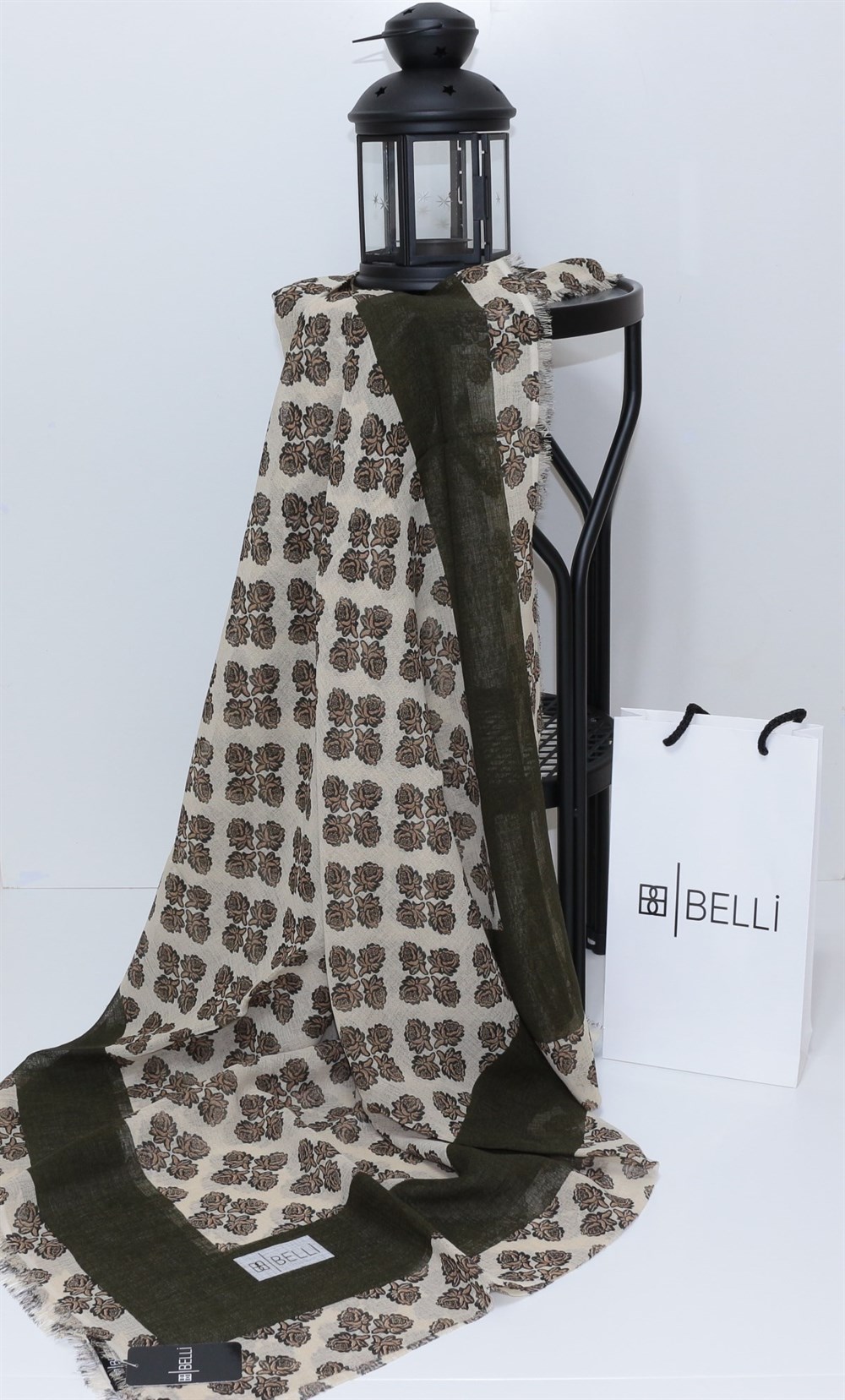 Armine Belli Panama Şal - Batik Çiçek Desen - Haki-Bej