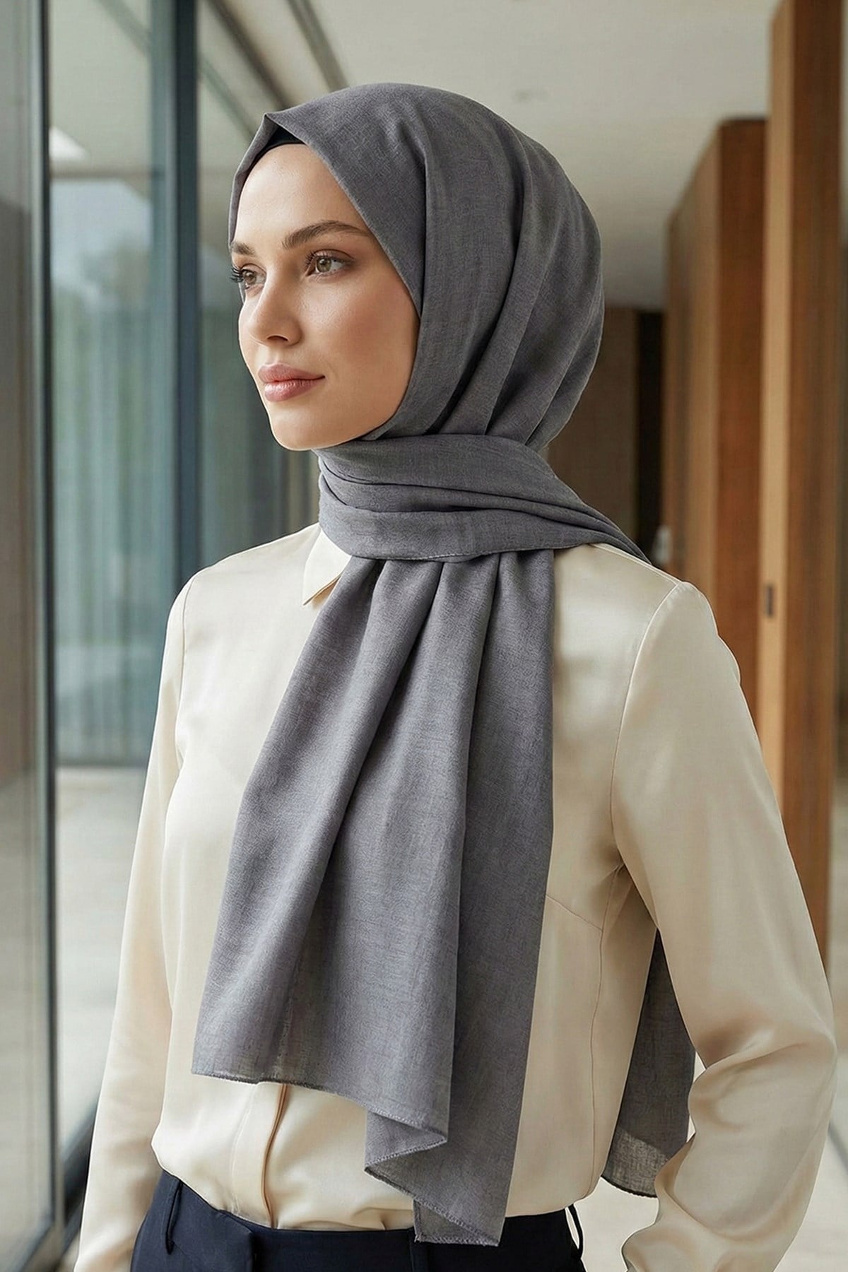 Armine Düz Renk, Pamuklu Seher Şal - 24070 - Füme
