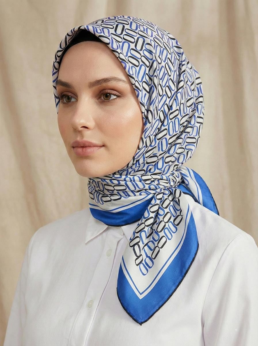 Armine İpek Eşarp - 9149D-39 - Sura - Mavi, Beyaz