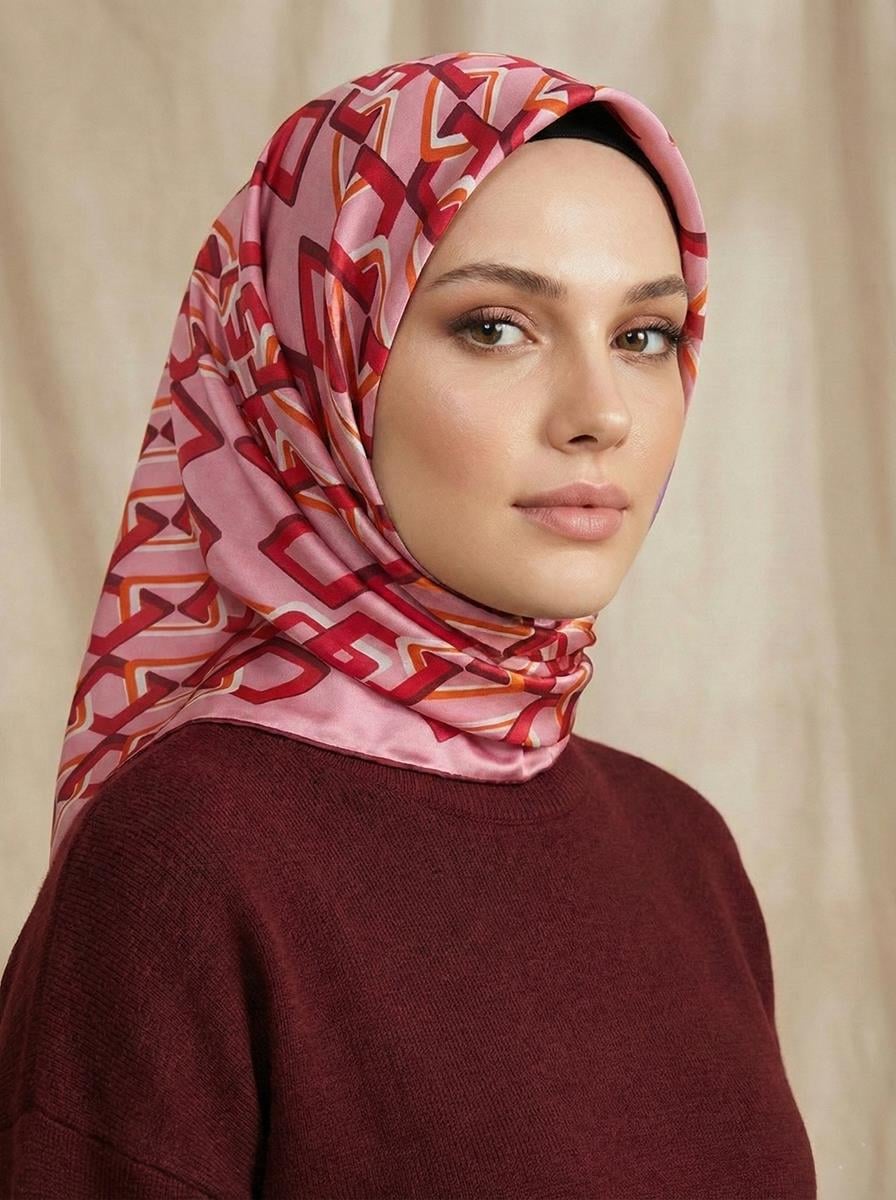 Armine İpek Eşarp - 9172D-01 - Sura - Pembe, Kırmızı