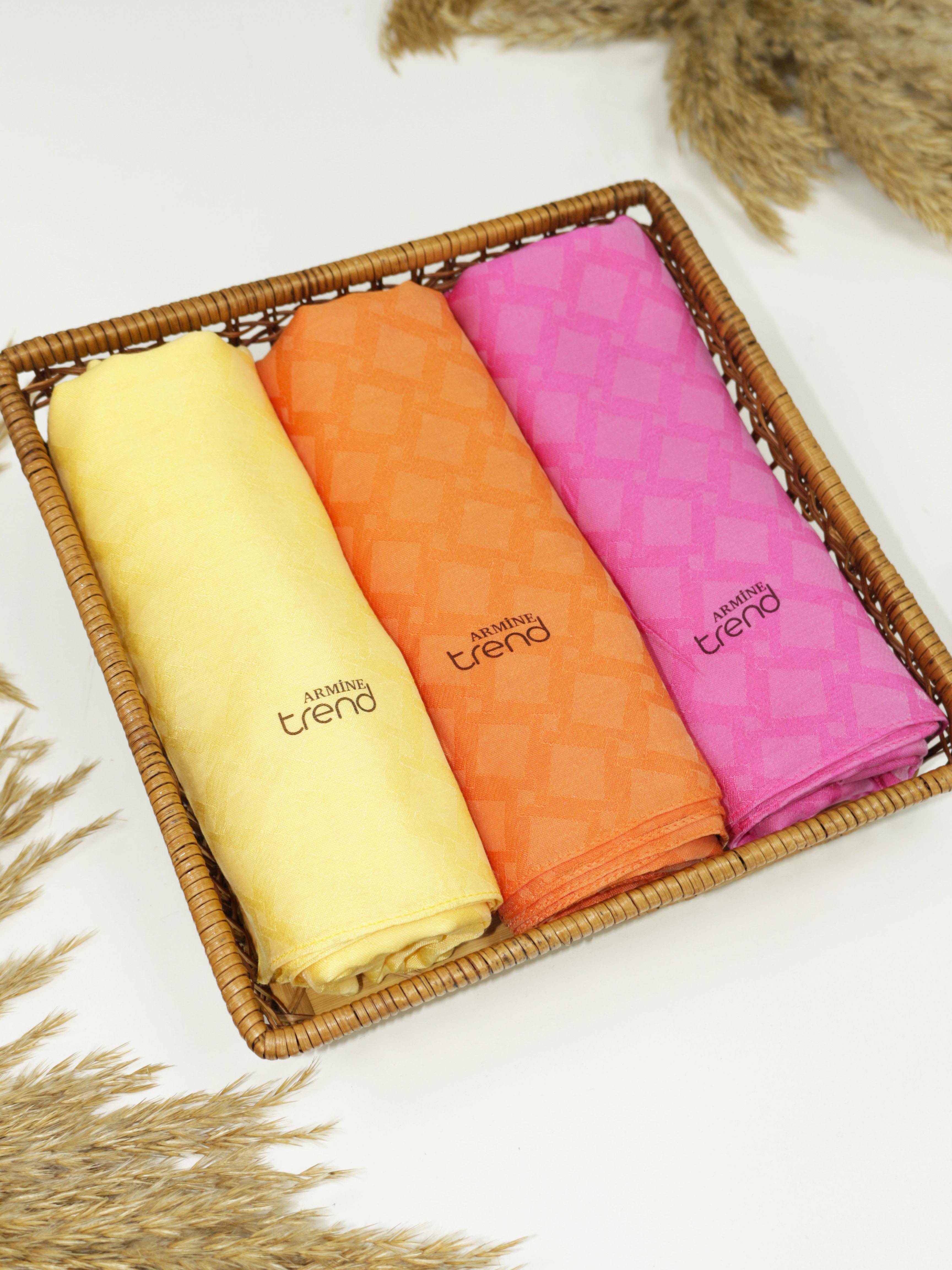 Armine Lia Pamuk Jakarlı Şal - Karo Desen - ATS1LIA - 3'lü Set -