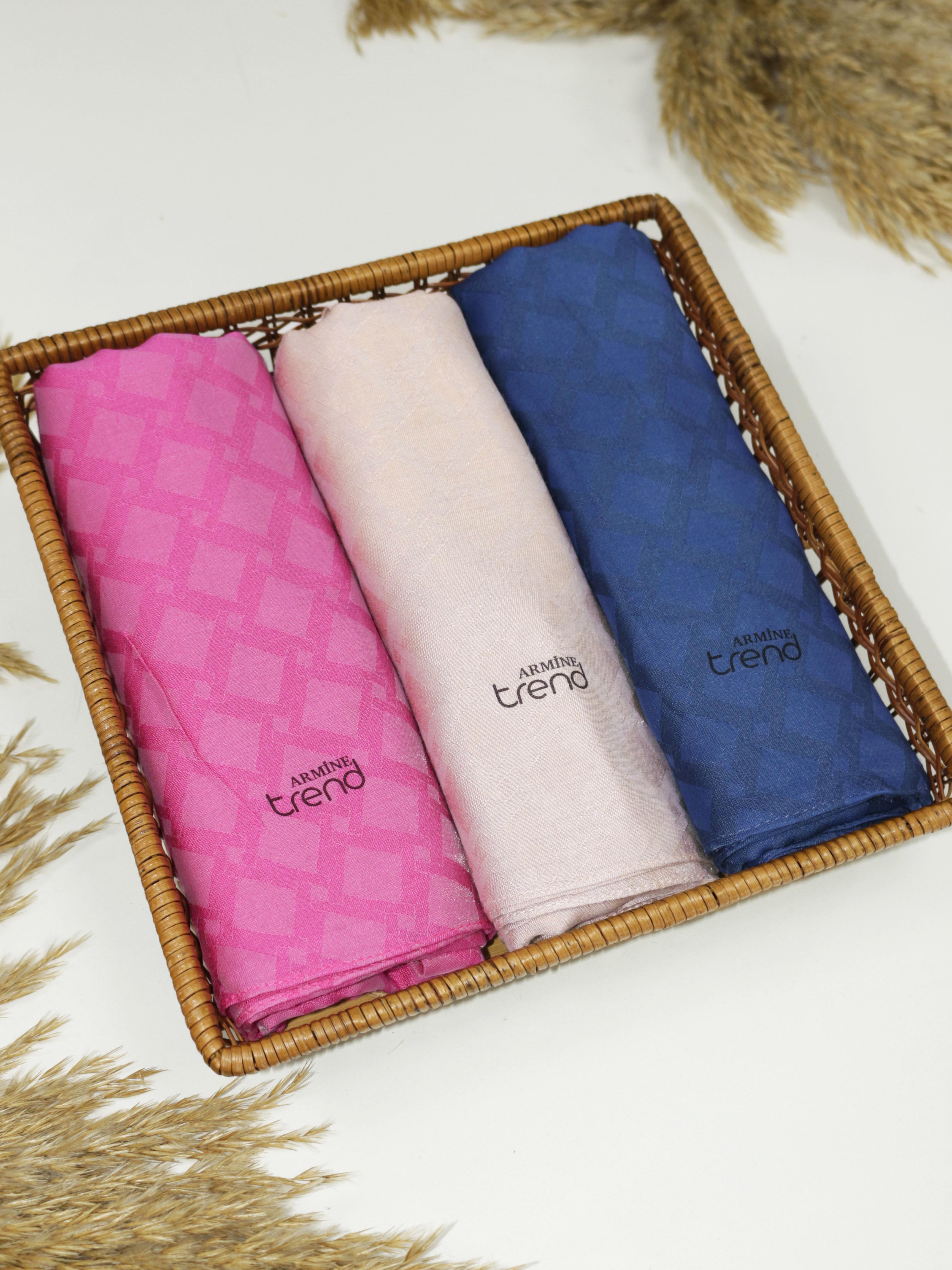 Armine Lia Pamuk Jakarlı Şal - Karo Desen - ATS1LIA - 3'lü Set -