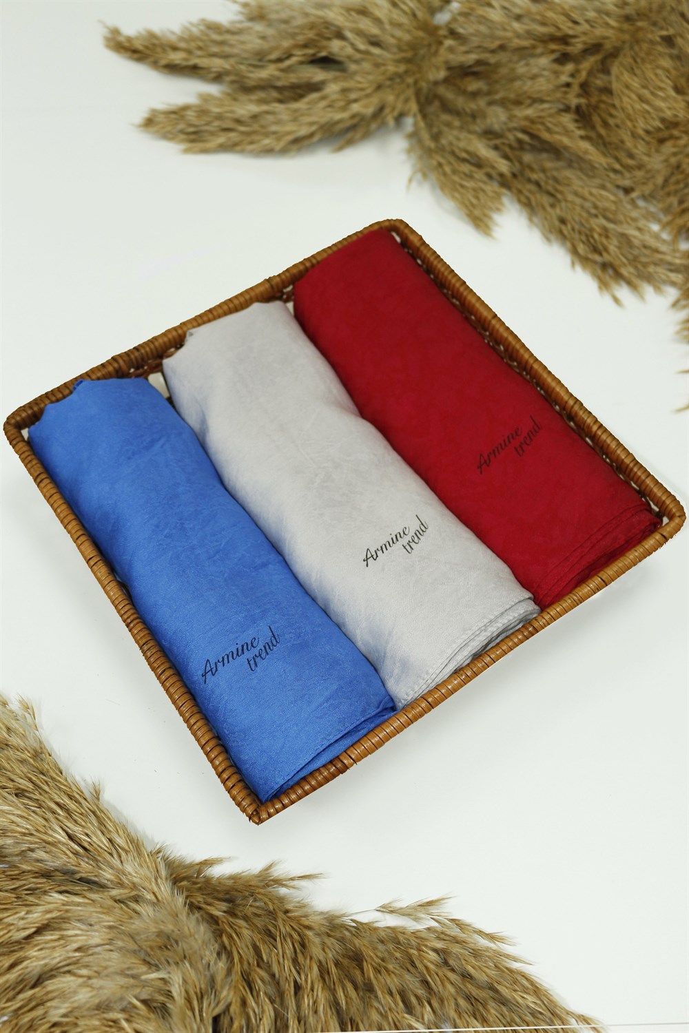 Armine Şal - Vega Bulut Desen - Modal Kumaş - 3'lü Set - Mavi, Gri, Kırmızı