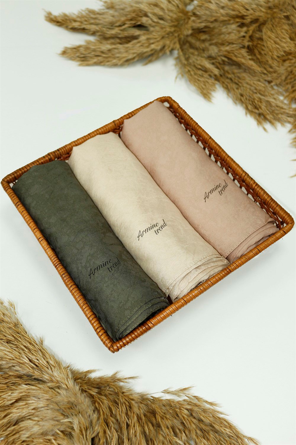 Armine Şal - Vega Bulut Desen - Modal Kumaş - 3'lü Set - Haki, Krem, Açık Kahve