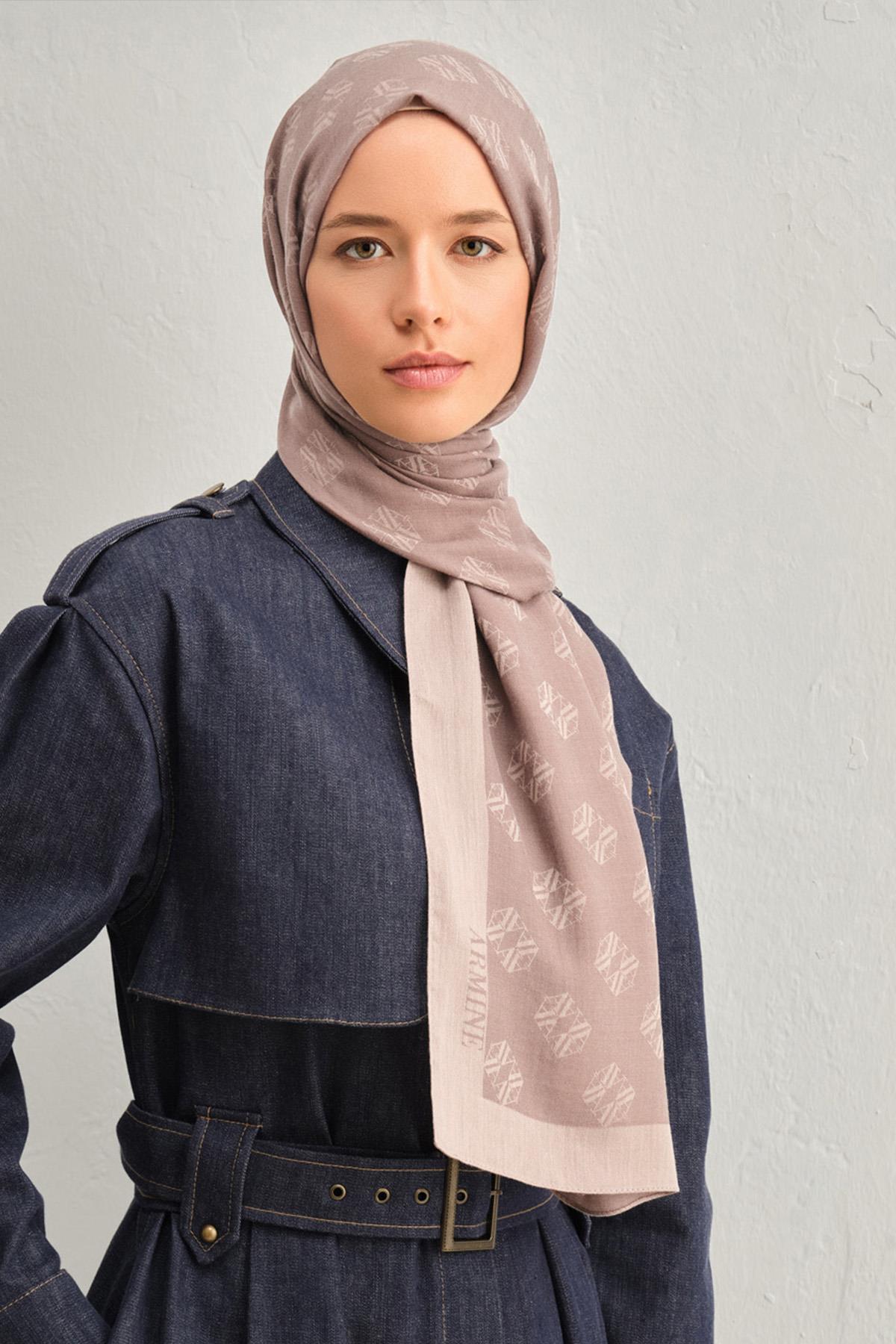 Armine Tensel İpek Şal 1 - Minimal Monogram Desen - 32103 - Sütlü Kahve