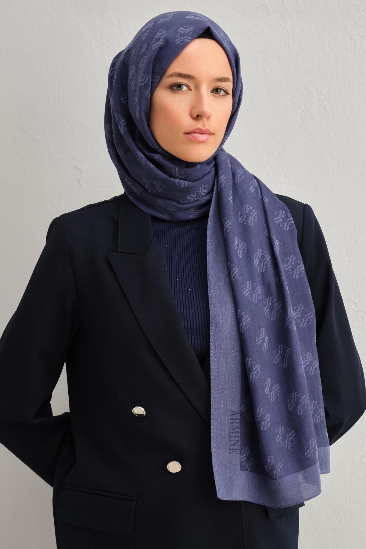 Armine Tensel İpek Şal 1 - Minimal Monogram Desen - 3292 - Soft Lacivert