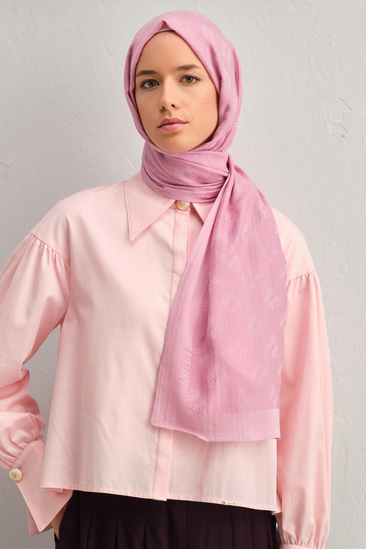 Armine Tensel İpek Şal 1 - Minimal Monogram Desen - 32110 - Pembe