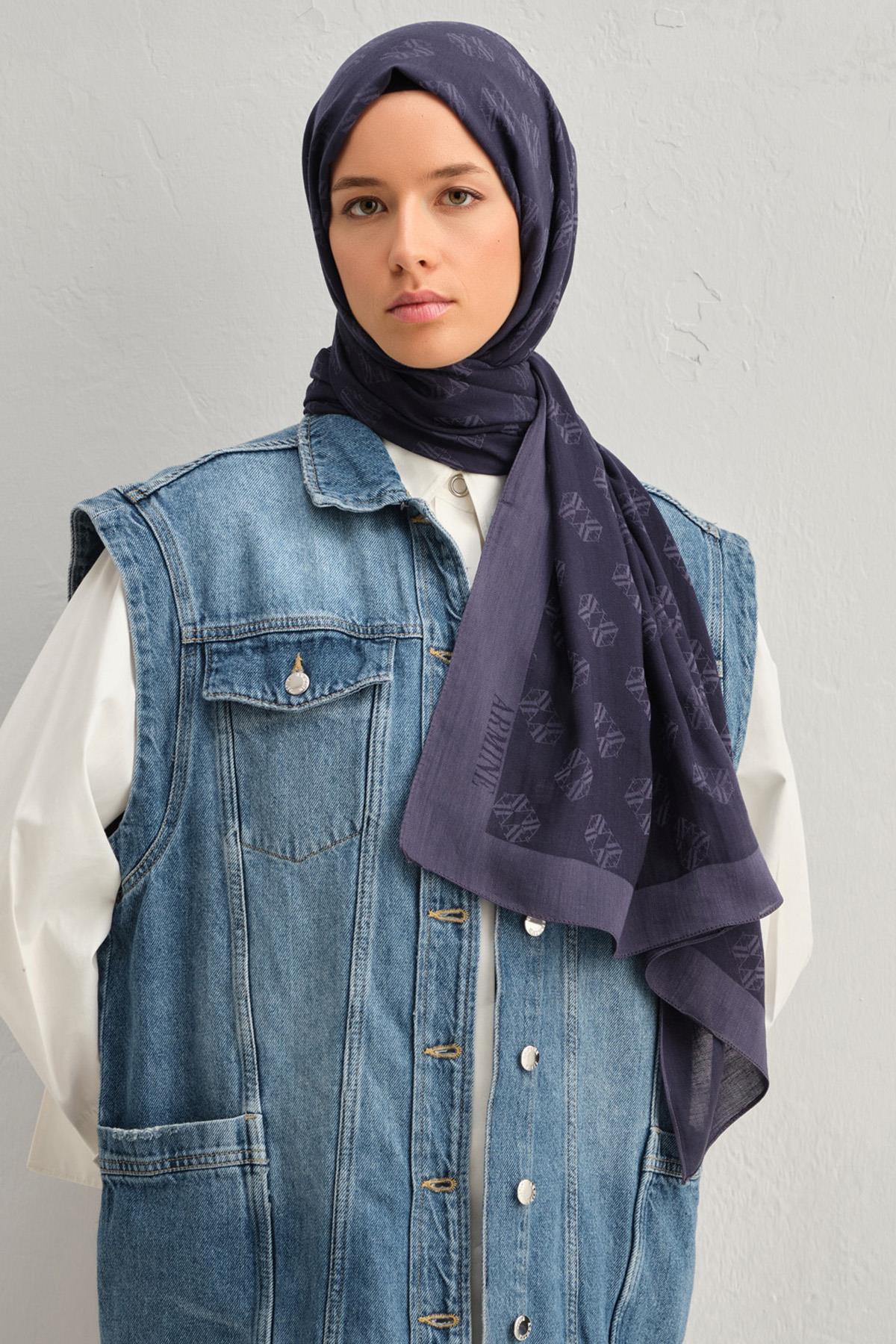 Armine Tensel İpek Şal 1 - Minimal Monogram Desen - 3293 - Lacivert
