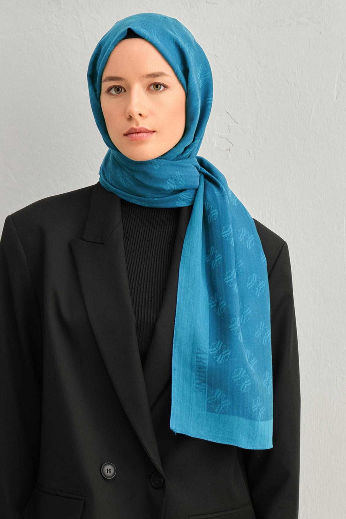 Armine Tensel İpek Şal 1 - Minimal Monogram Desen - 32118 - İndigo