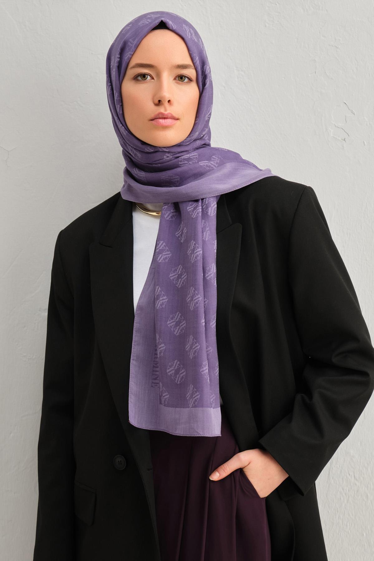 Armine Tensel İpek Şal 1 - Minimal Monogram Desen - 3298 - Mor
