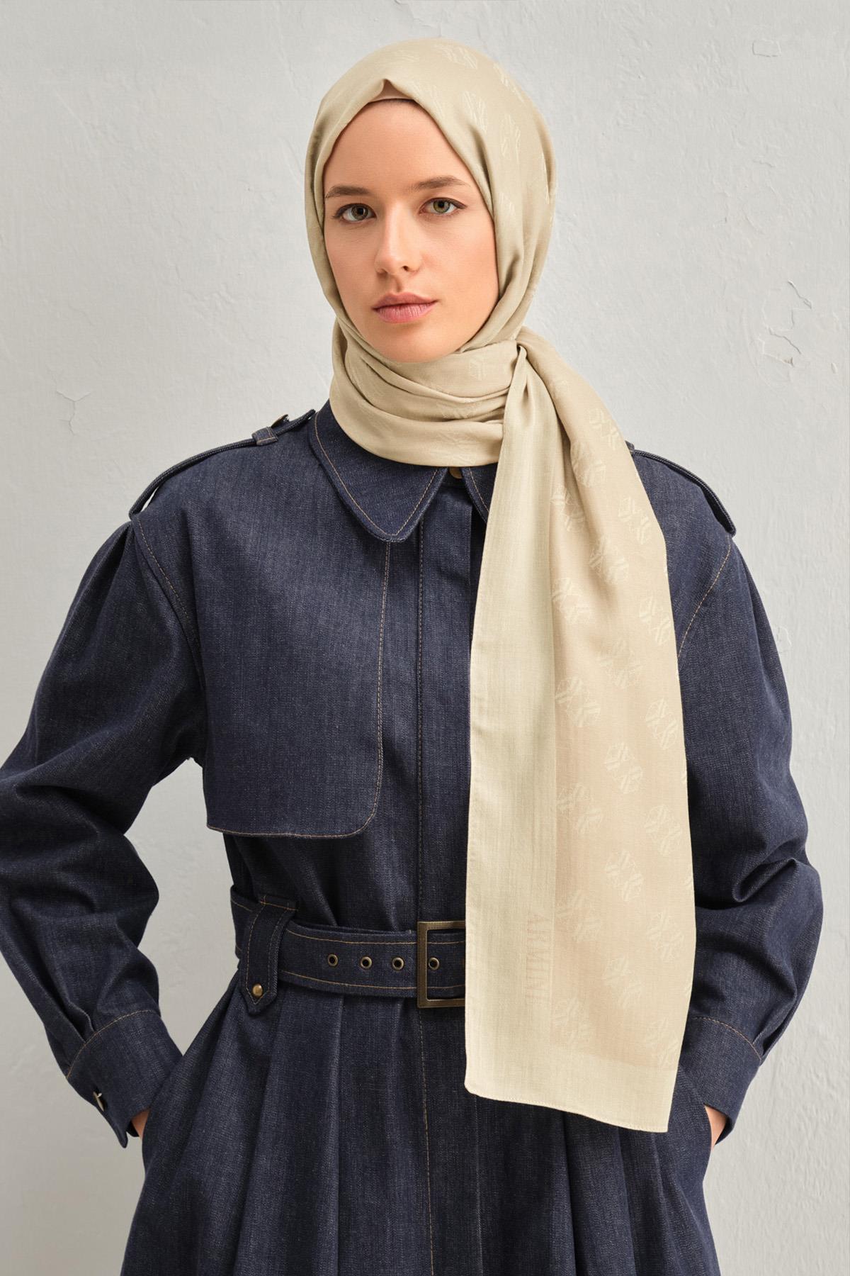 Armine Tensel İpek Şal 1 - Minimal Monogram Desen - 32101 - Kum Beji