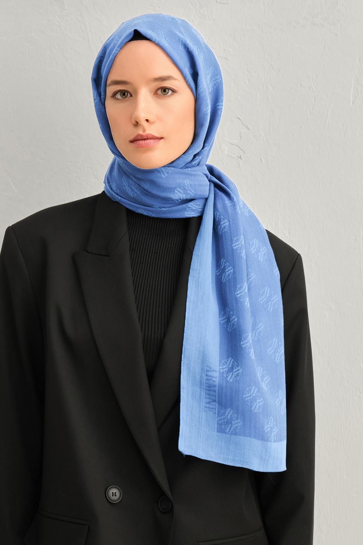 Armine Tensel İpek Şal 1 - Minimal Monogram Desen - 32113 - Mavi
