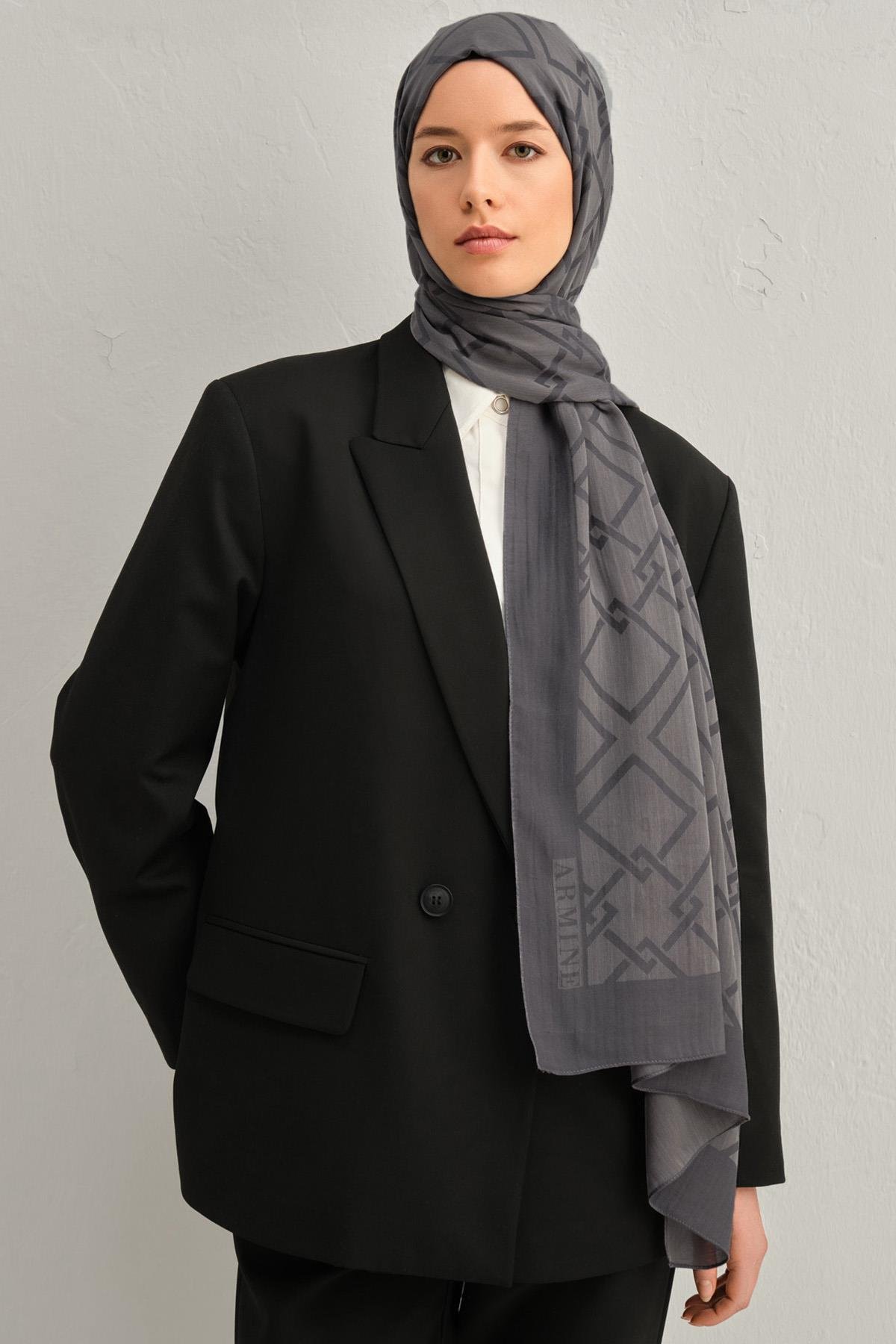 Armine Tensel İpek Şal 2 - Zincir Desen - 02 - Füme