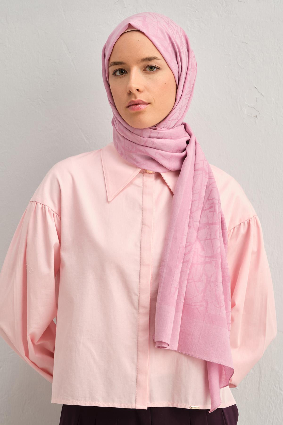 Armine Tensel İpek Şal 3 - Kaligrafi Desen - 32110 - Pembe